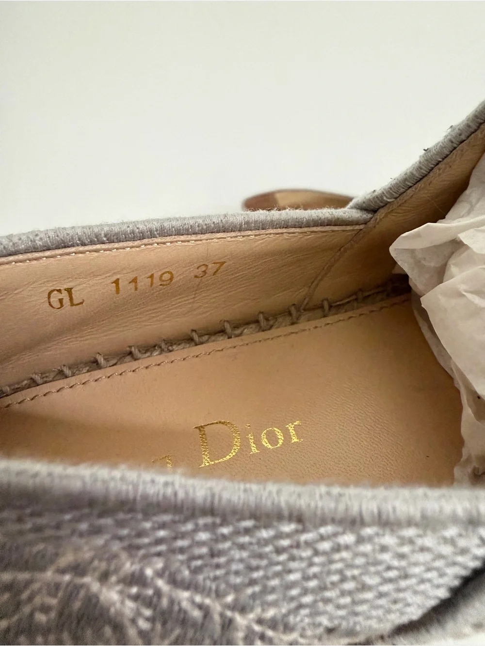 Christian Dior Granville Embroidered Gray Espadrille Flats 37 quiet luxury vac
